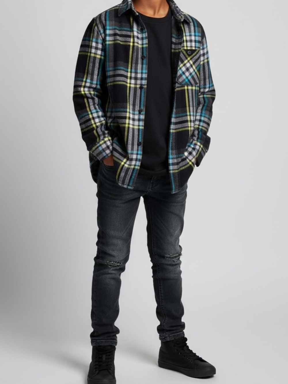 Vintage Shaun White Black & Neon Plaid Flannel Shirt